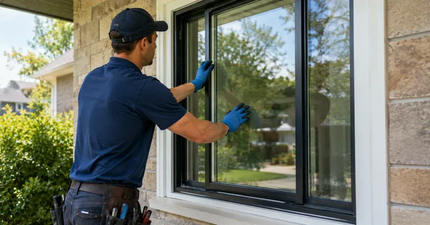 technician measuring a broken window pane for replacement in Rolling Meadows, Thorold
