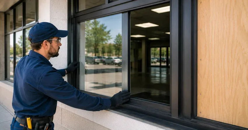 technician boarding a broken window after a break-in in DeCew, Thorold
