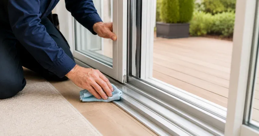 technician inspecting a sliding patio door track in Rolling Meadows, Thorold