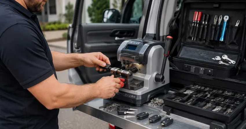 technician cutting a replacement car door lock key in Rolling Meadows, Thorold