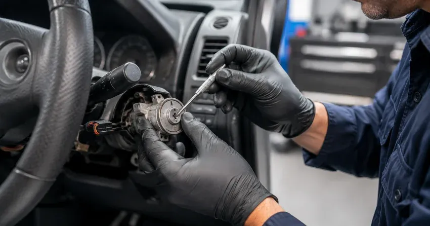 technician diagnosing an ignition lock repair issue in St. Johns, Thorold