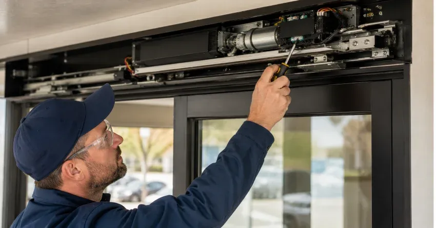technician completing automatic door repair on residential property in Rolling Meadows, Thorold