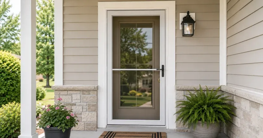 technician hanging storm door square and plumb in Rolling Meadows, Thorold