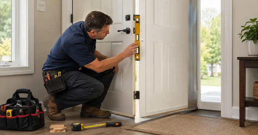 technician diagnosing a misaligned door frame in DeCew, Thorold