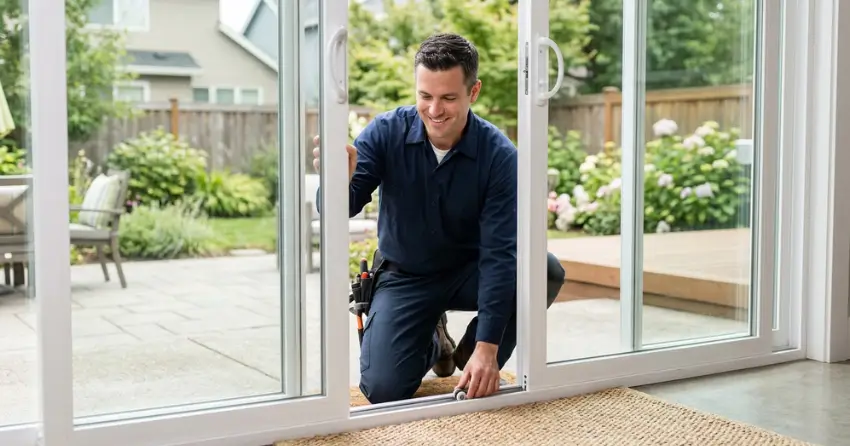 technician diagnosing a sticking patio door in St. Johns, Thorold