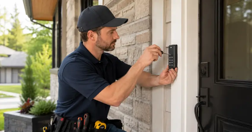Technician installing an access control system keypad beside a residential front door in Beaverdams, Thorold