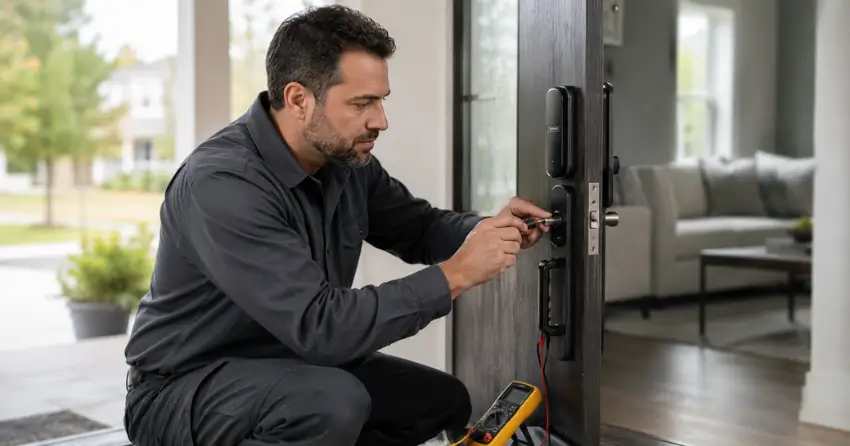 technician diagnosing automatic door lock mechanism on residential door in Thorold