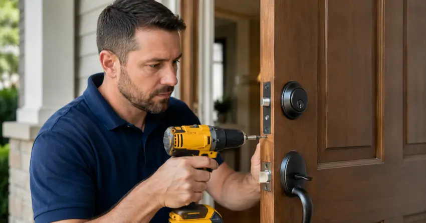 technician installing a new deadbolt during Change Door Lock Rolling Meadows, Thorold service