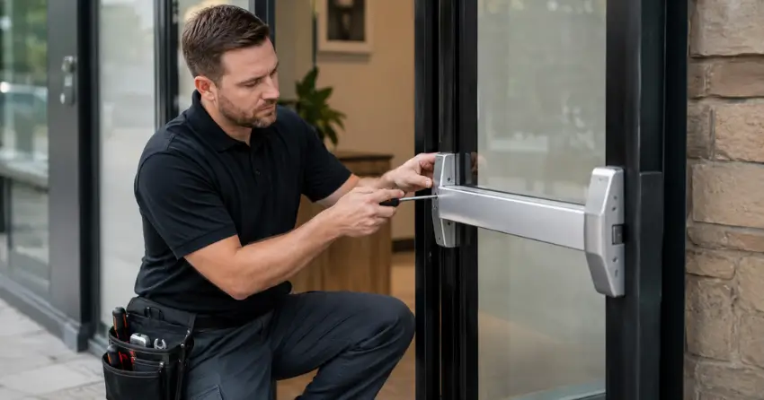 commercial locksmith repairing exit device on storefront door Rolling Meadows, Thorold