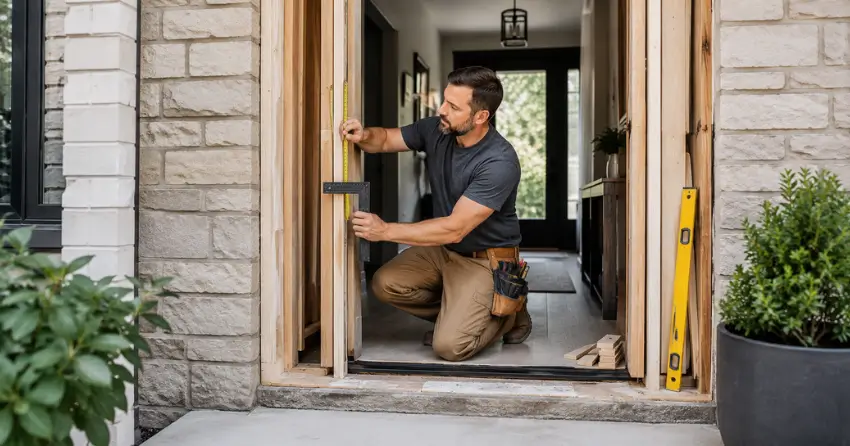 exterior door installer assessing rough opening in Rolling Meadows, Thorold
