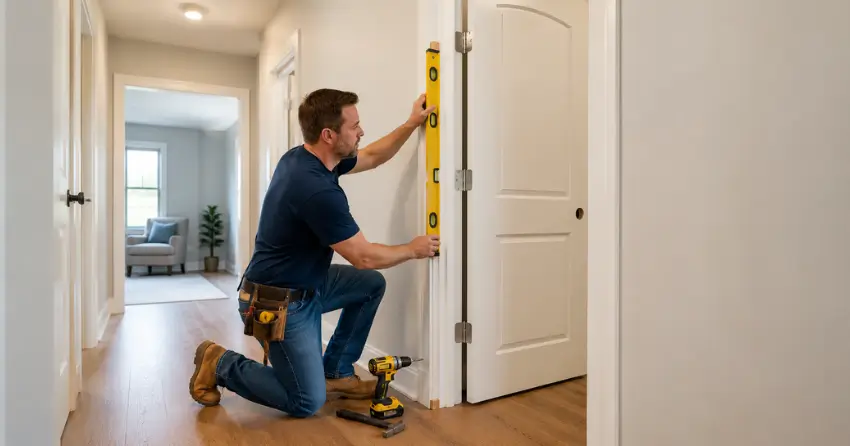 technician installing a pre-hung interior door in a home hallway Beaverdams, Thorold