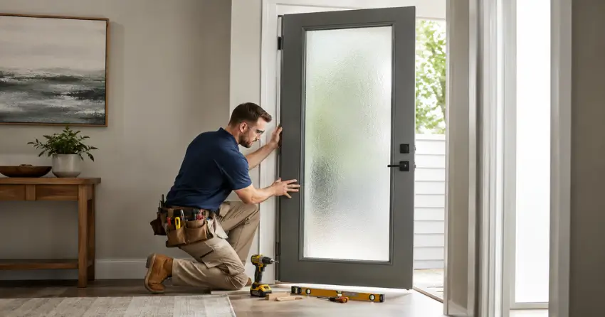 glass panel door installation with frosted privacy glass in residential setting in Thorold