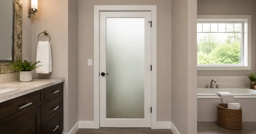 frosted glass panel bathroom door installed in a Rolling Meadows, Thorold home