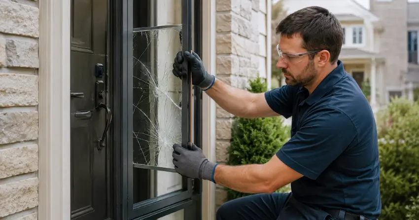 technician removing cracked storm door glass panel in Rolling Meadows, Thorold