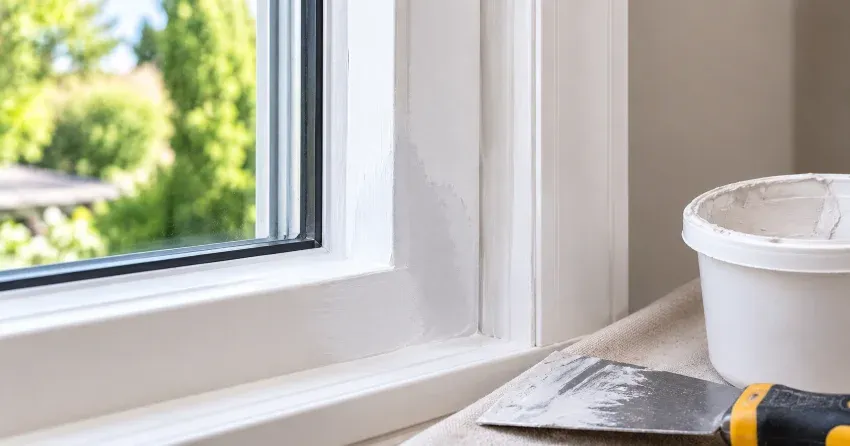 technician repairing rotted window frame corner in Beaverdams, Thorold