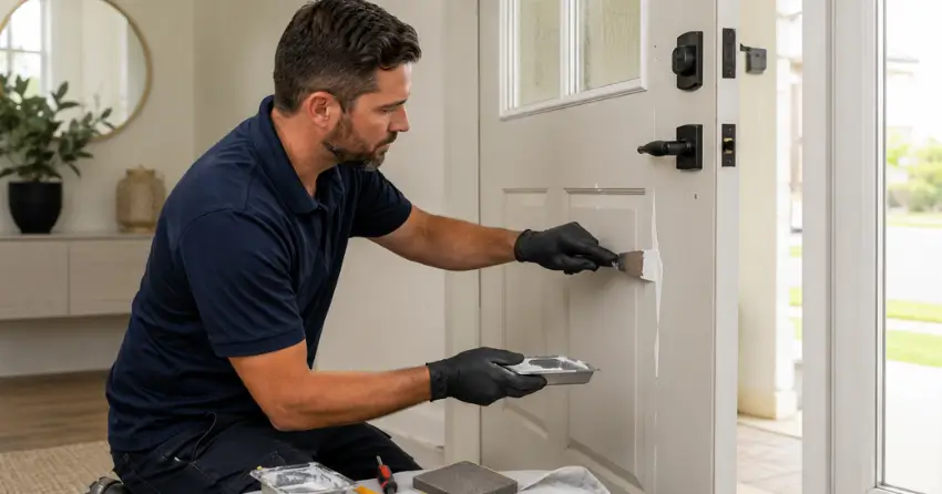 technician repairing fiberglass door surface crack in St. Johns, Thorold