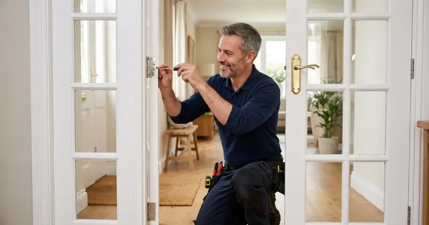 technician adjusting French door hinge for proper alignment in Rolling Meadows, Thorold