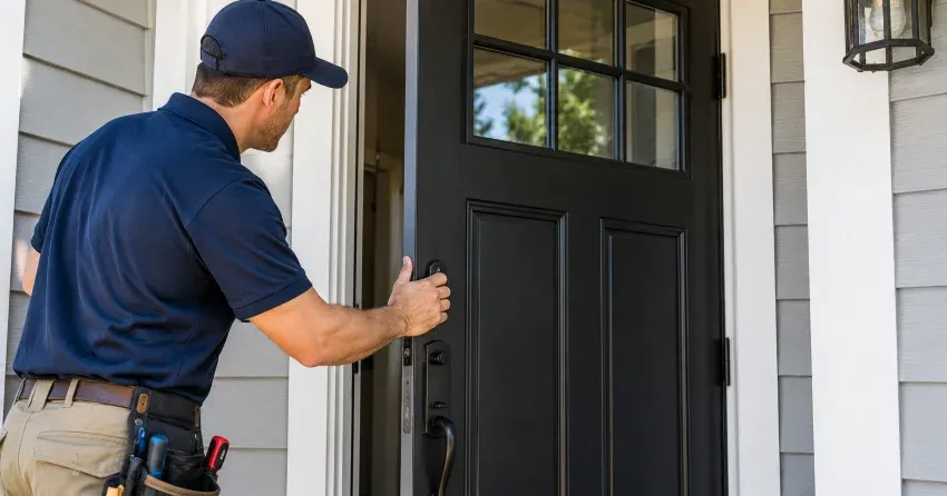 technician adjusting door hinge and strike plate in St. Johns, Thorold home