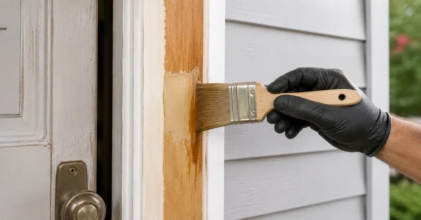 technician probing rotted wood on a door frame in St. Johns, Thorold