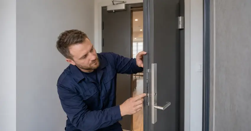technician inspecting fire-rated door seal and hardware in St. Johns, Thorold