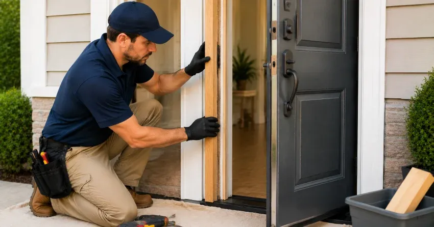 technician inspecting damaged door frame corner in Thorold