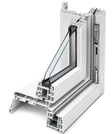 A cutaway window frame showing steel reinforcement and insulating chambers